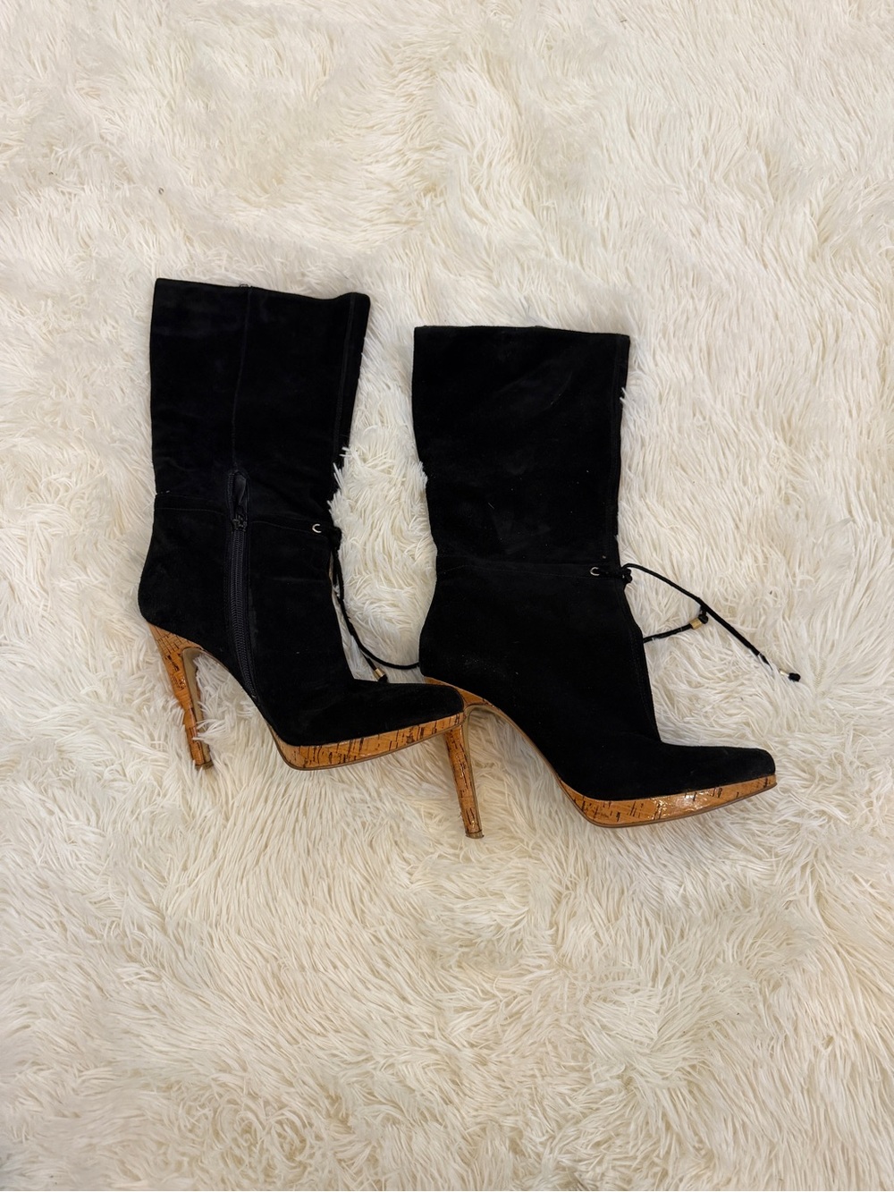 Nine West Black Suede Cork-Trim High Heel Ankle Boots